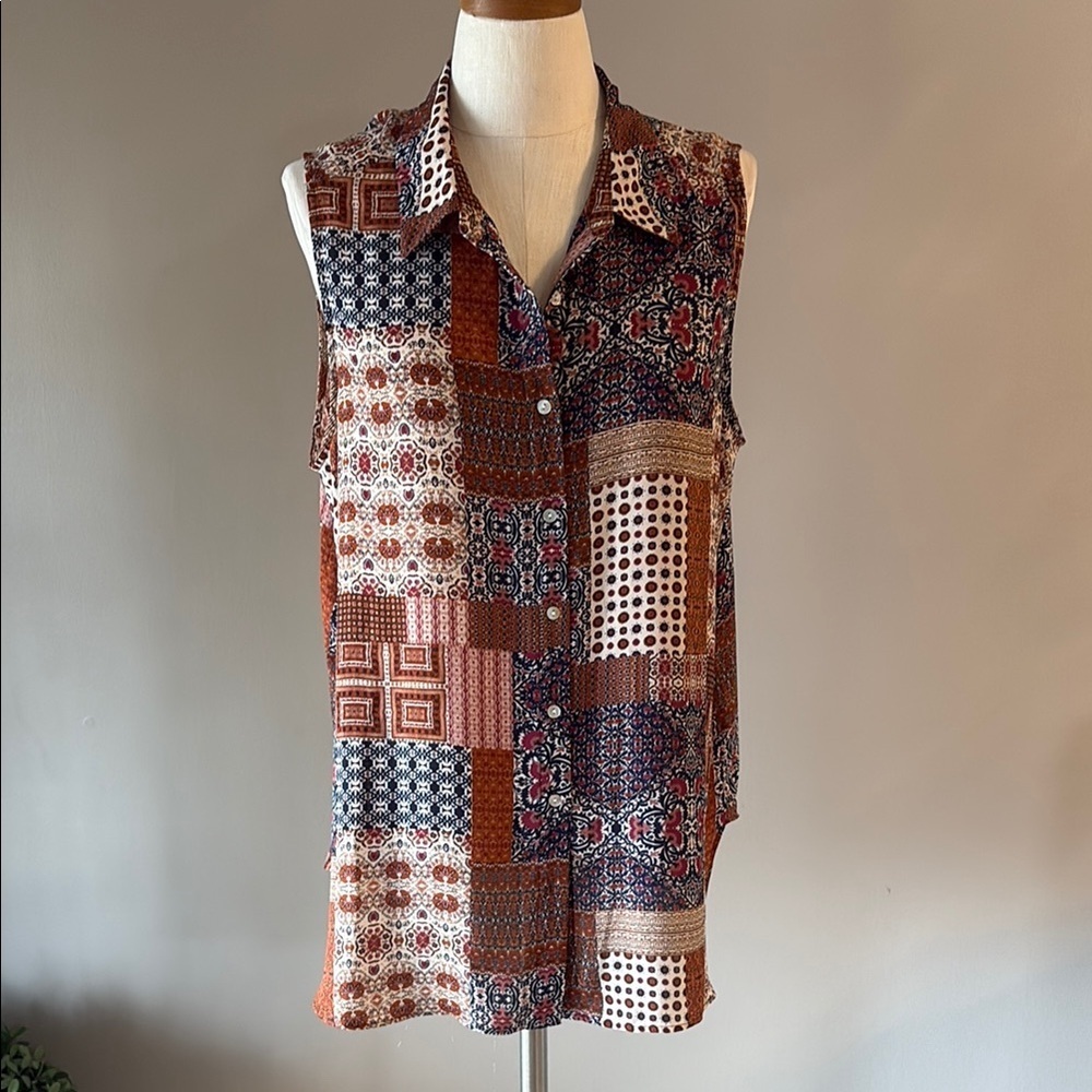 Rose and Olive Patchwork Sleeveless Blouse boho cottage collared button up 1X